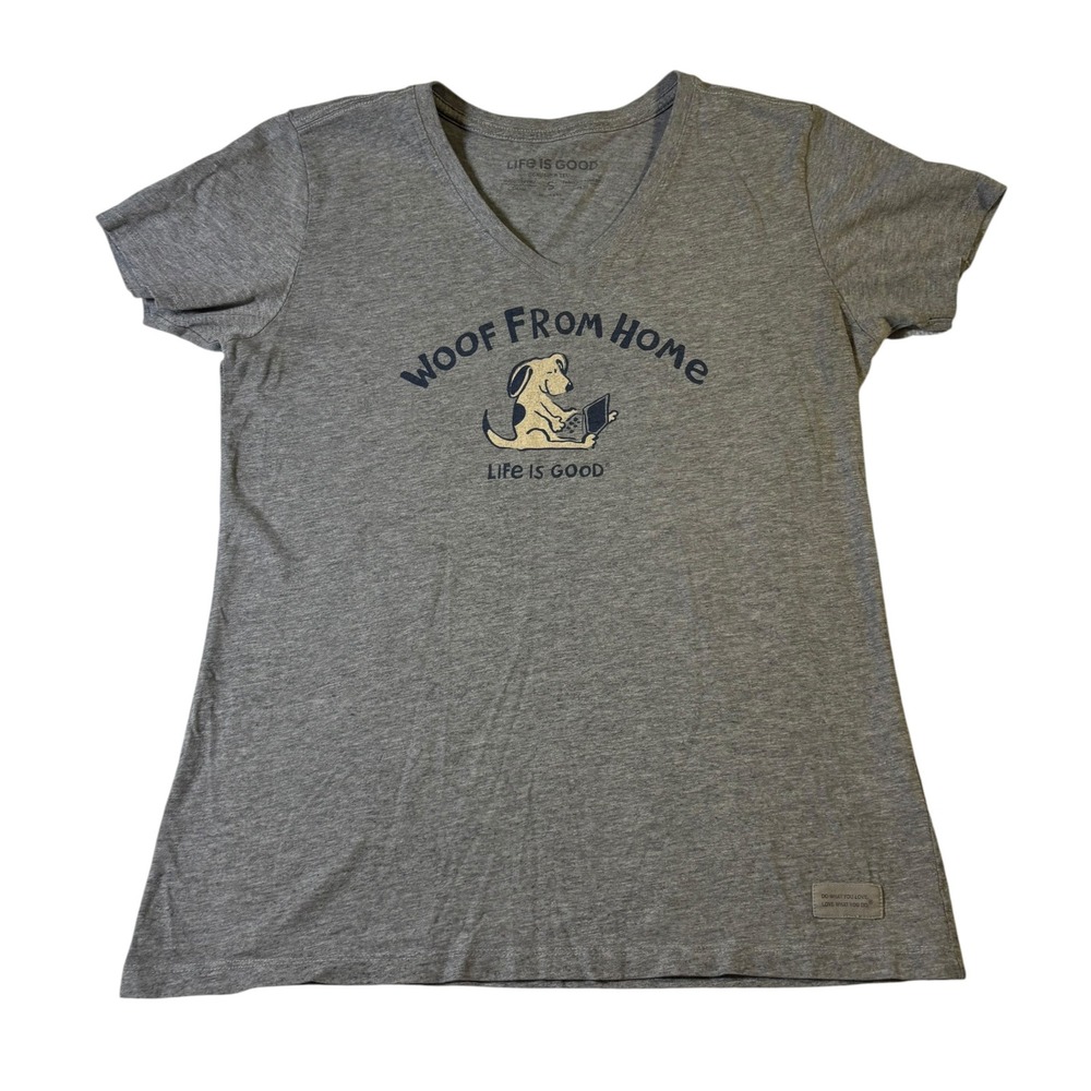 Life is Good Womens Woof From Home Dog Crusher Tee V-Neck Grey Heather Small